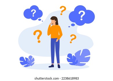 Question or problem solving. Question dilemma problem concept. Thinking woman asking questions. Choice concept. Concept of asking questions, solving puzzle or business problem