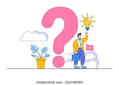 Question or problem-solving, think about answer or solution, contemplation, doubt, or concentration, Frequently Asked Questions (FAQ) concepts. Confused businessman standing near big question mark.