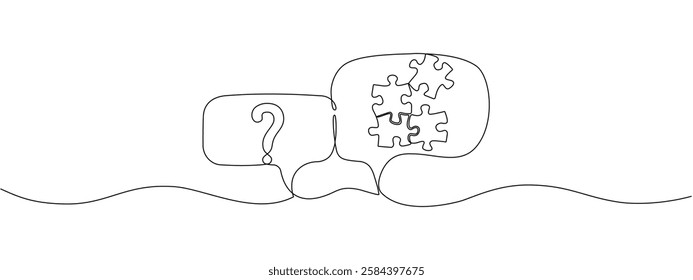 Question puzzles in speech bubbles with one solid line. Concept problem solving, business solutions, education in simple linear style. Vector editable illustration