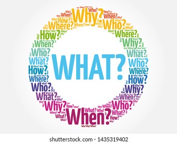 WHAT? Question and Questions whose answers are considered basic in information gathering or problem solving, word cloud background