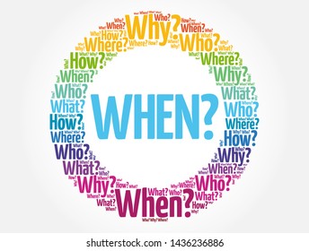 WHEN? Question and Questions whose answers are considered basic in information gathering or problem solving, word cloud background