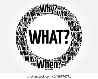 WHAT? Question and Questions whose answers are considered basic in information gathering or problem solving, word cloud background