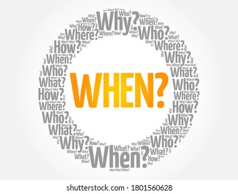 WHEN? Question and questions whose answers are considered basic in information gathering or problem solving, word cloud background