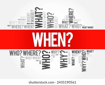 WHEN? Question and Questions whose answers are considered basic in information gathering or problem solving, word cloud background