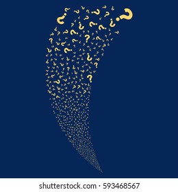 Question random fireworks stream. Vector illustration style is flat yellow iconic symbols on a blue background. Object fountain created from scattered symbols.