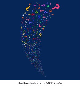 Question random fireworks stream. Vector illustration style is flat bright multicolored iconic symbols on a blue background. Object fountain constructed from scattered symbols.