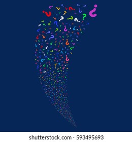 Question random fireworks stream. Vector illustration style is flat bright multicolored iconic symbols on a blue background. Object fountain created from scattered pictograms.