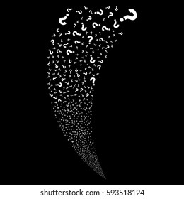 Question random fireworks stream. Vector illustration style is flat white iconic symbols on a black background. Object fountain made from scattered pictograms.