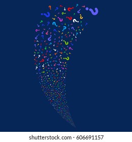 Question random fireworks stream. Vector illustration style is flat bright multicolored iconic symbols on a blue background. Object fountain created from scattered symbols.