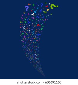 Question random fireworks stream. Vector illustration style is flat bright multicolored iconic symbols on a blue background. Object fountain created from scattered pictographs.