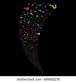 Question random fireworks stream. Vector illustration style is flat bright multicolored iconic symbols on a black background. Object fountain created from scattered pictographs.