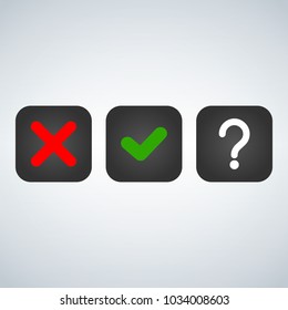 Question, red X and green tick check marks, approval signs design. Red X and green OK symbol icons in square check boxes. choice options, test, quiz or survey signs. vector illustration.