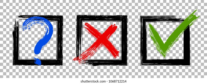Question, red X and green tick check marks, approval signs design. Red X and green OK symbol icons in square check boxes. Check list marks, choice options, test, quiz or survey signs on transparent.