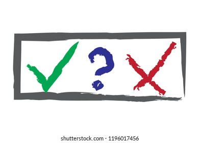 Question, red X and green tick check marks, approval signs design. Red X and green OK symbol icons in grey square check box. Check list marks, choice options, test, quiz or survey signs.