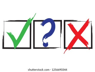 Question, red X and green tick check marks, approval signs design. Red X and green OK symbol icons in square check boxes. Check list marks, choice options, test, quiz or survey signs.