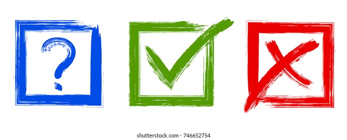 Question, red X and green tick check marks, approval signs design. Red X and green OK symbol icons in square check boxes. Check list marks, choice options, test, quiz or survey signs.