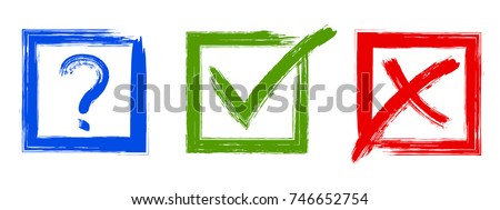 Question, red X and green tick check marks, approval signs design. Red X and green OK symbol icons in square check boxes. Check list marks, choice options, test, quiz or survey signs.