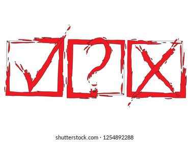 Question, red X and tick check marks, approval signs design. Red X and OK symbol icons in square check boxes. Check list marks, choice options, test, quiz or survey signs.