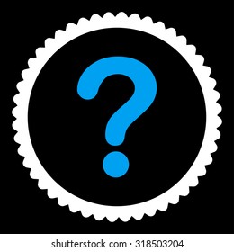 Question round stamp icon. This flat vector symbol is drawn with blue and white colors on a black background.