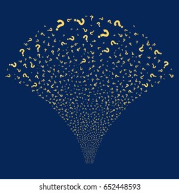 Question salute stream. Vector illustration style is flat yellow iconic symbols on a blue background. Object explosion fountain created from random symbols.