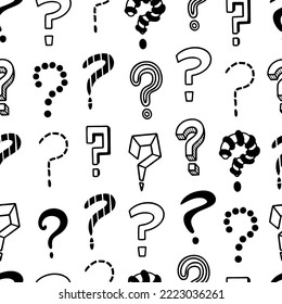 Question seamless pattern. Questions doodle marks, interrogation points random print. Hand drawn creative background, think or doubt neoteric vector texture