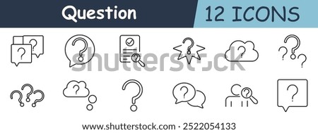 Question set icon. Large question mark, document with magnifier, starburst , cloud, multiple question marks, thinking bubble, speech bubbles, question box.