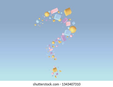 question sign of 3d figures realistic vector primitives composition  with flying objects and  shapes in motion isolated on blue background. Material design for web and print futuristic decoration 