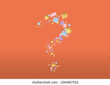 question sign of 3d figures realistic vector primitives composition  with flying objects and  shapes in motion isolated on orange background. Material design for web and print futuristic decoration 