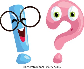 Question Sign And Exclamation Mark Cartoon Characters. Interrogation Sign And Exclamation Point Interacting For Educational Purposes
