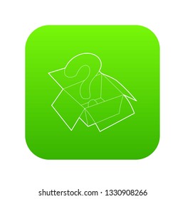 Question sign inside open box icon green vector isolated on white background