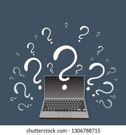 Question sign with laptop, notebook , personal computer, on line education, ux and ui cartoon illustration 