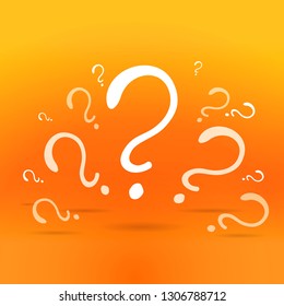 Question sign vector drawing on yellow-orange background. FAQ cartoon sign illustration 