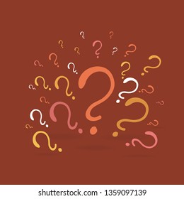 Question signs composition for web and print decoration, creative idea, faq illustration, help marks, description in brown, orange and sand colors. 