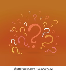 Question signs composition for web and print decoration, creative idea, faq illustration, help marks, description in brown, orange and sand colors. 