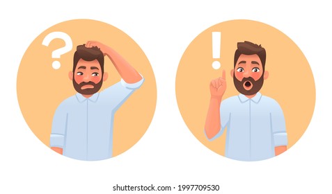 Question and solution. The businessman doubts, thinks and finds the answer. Idea. A bearded man gives advice. Vector illustration in cartoon style