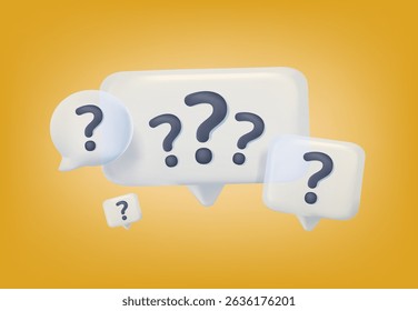 Question speaking bubbles 3D render vector illustration, FAQ , Frequently asked questions concept, asked questions and answers. Question mark on modern glass icons, isolated on yellow background