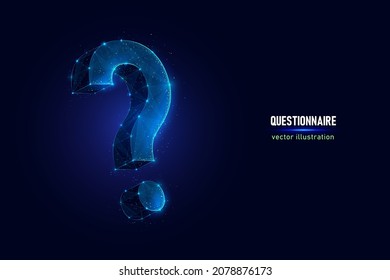 Question symbol digital wireframe made of connected dots. QnA sign low poly vector illustration on blue background.