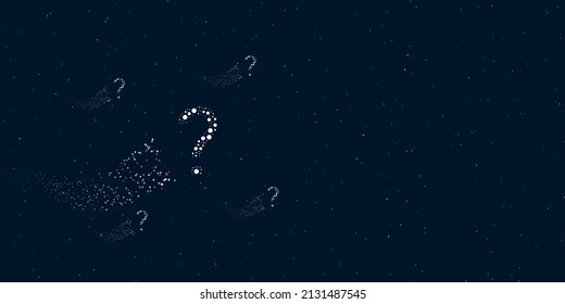 A question symbol filled with dots flies through the stars leaving a trail behind. Four small symbols around. Empty space for text on the right. Vector illustration on dark blue background with stars