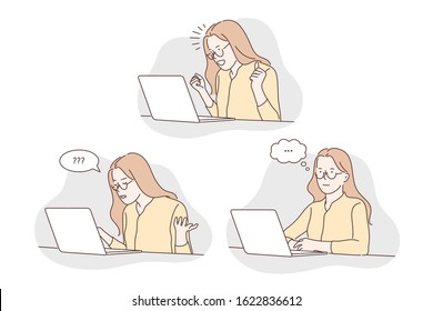 Question, thinking, success set concept. Young successful woman has question while working on laptop. Freelancer is thinking about her work. Girl communicates in social media. Simple flat vector