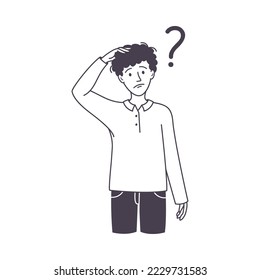 Question with Thoughtful Man Character Scratching Head over Riddle Outline Vector Illustration