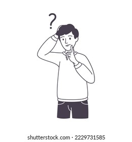 Pregunta con un carácter de hombre reflexivo Scratching Head sobre Riddle Outline Vector Illustración