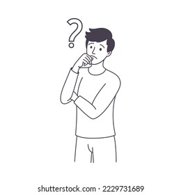 Question with Thoughtful Man Character Scratching Head over Riddle Outline Vector Illustration