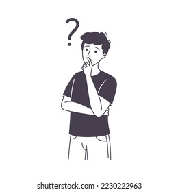 Pregunta con un carácter de hombre reflexivo Scratching Head sobre Riddle Outline Vector Illustración