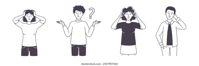 Question with Thoughtful Man and Woman Scratching Head over Riddle Vector Set