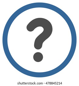 Question vector bicolor rounded icon. Image style is a flat icon symbol inside a circle, cobalt and gray colors, white background.