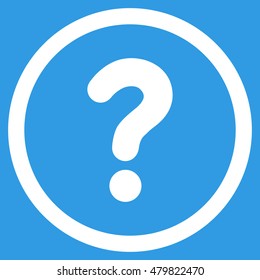 Question vector rounded icon. Image style is a flat icon symbol inside a circle, white color, blue background.