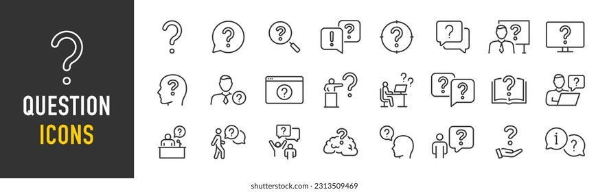 Question web icons in line style. Question mark, insecure person, confused, quiz question, collection. Vector illustration.
