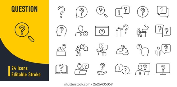 Question web icons in line style. Question mark, insecure person, confused, quiz question, collection. Vector illustration.