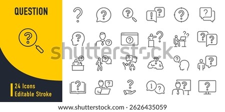 Question web icons in line style. Question mark, insecure person, confused, quiz question, collection. Vector illustration.