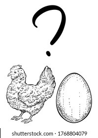 pregunta quién fue primero huevo o pollo, vector dibujado a mano, estilo de grabado 